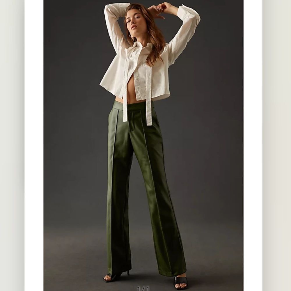 Anthropologie Olive Green Satin Boot-Cut Pants- Worn once